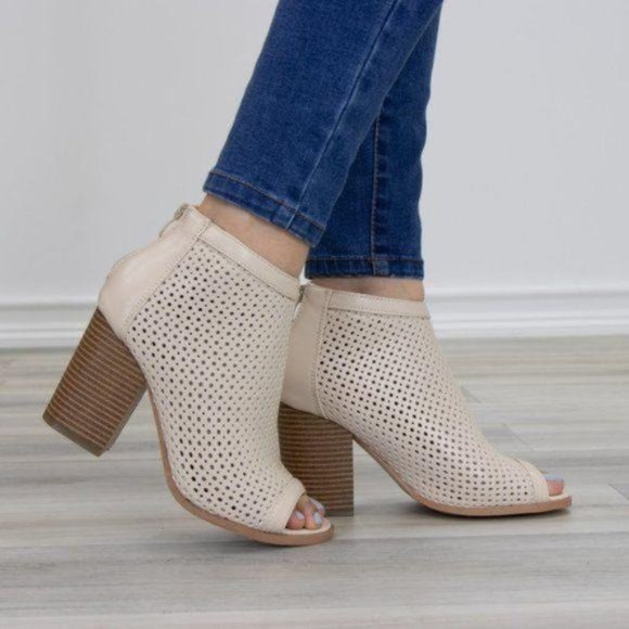 Shoes - Off White Perforated Heeled Open Toe Ankle Boots